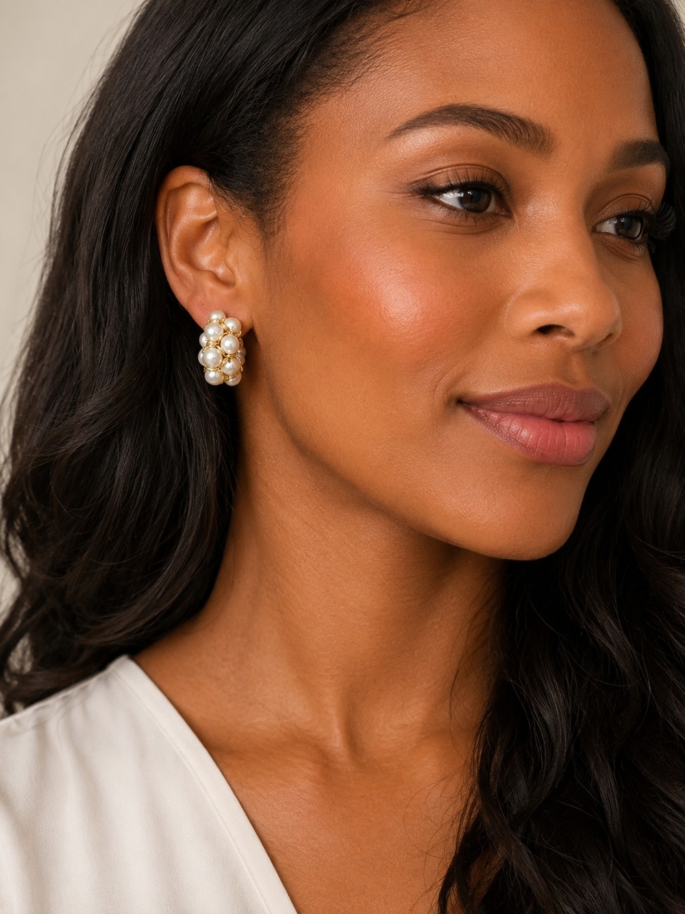Avon Gold-Tone Cluster Pearl Pierced Earrings - White Pearls